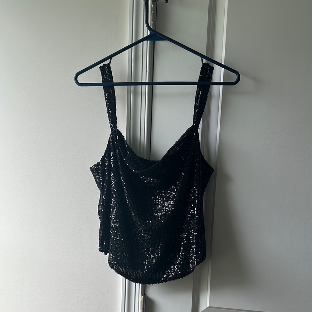 Black Sequin Fitted Sleeveless Tank Top